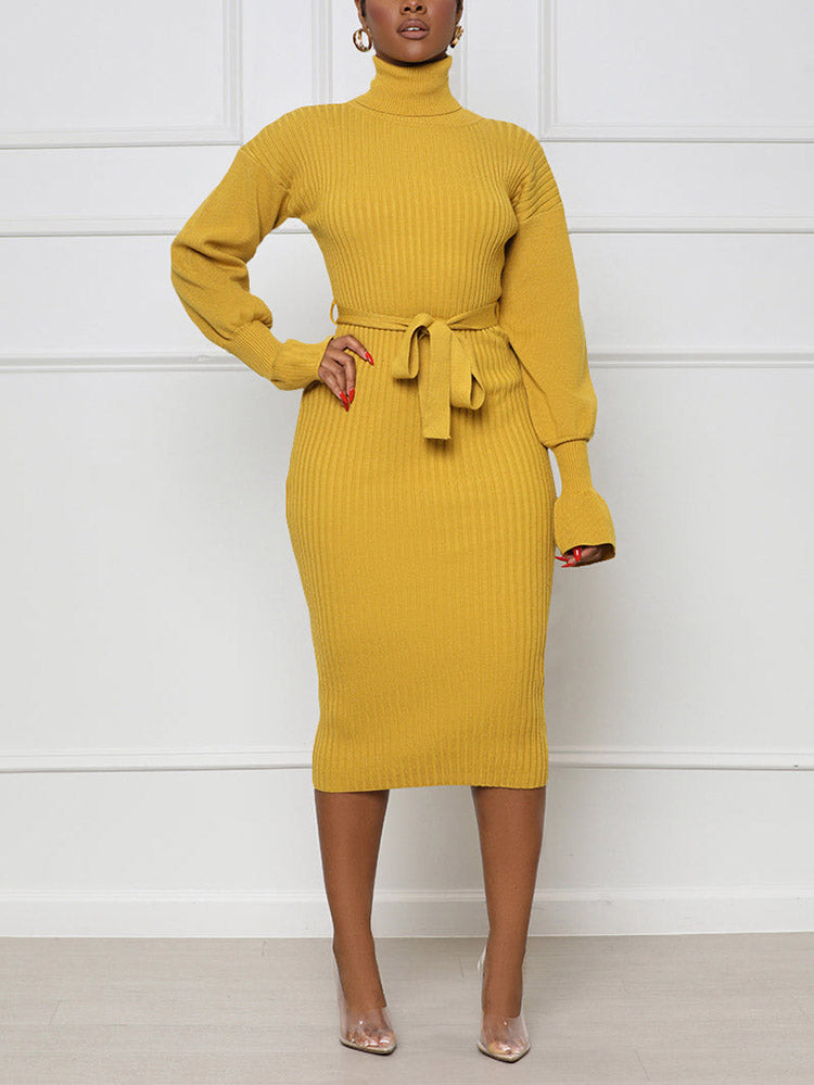Turtleneck Knit Tie Waist Dress Green / 2XL