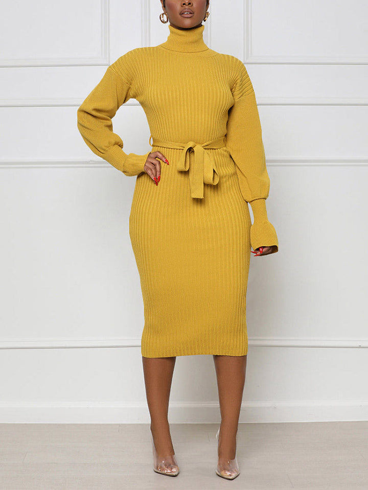 Turtleneck Knit Tie Waist Dress Green / 2XL