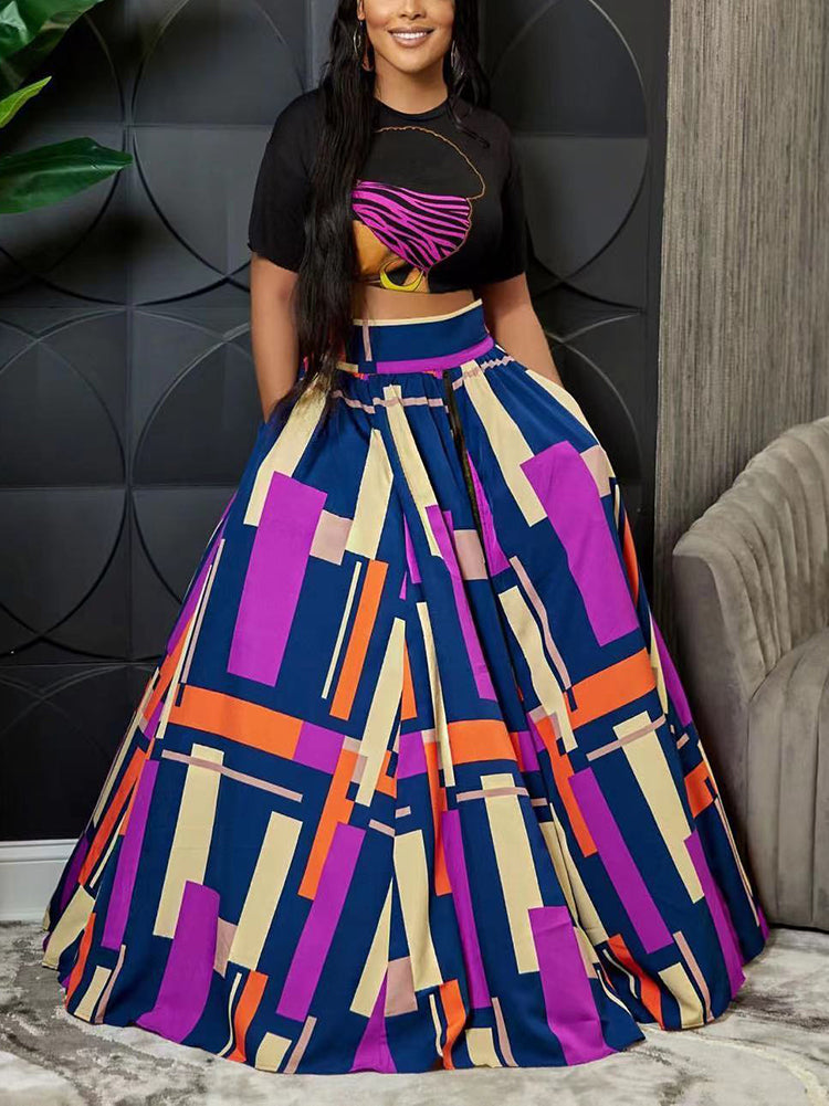 Print Crop Top Slit Skirt Set Purple / S