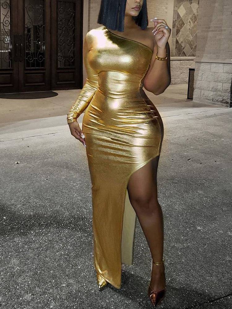 One Shoulder Asymmetrical Maxi Dress Golden / S