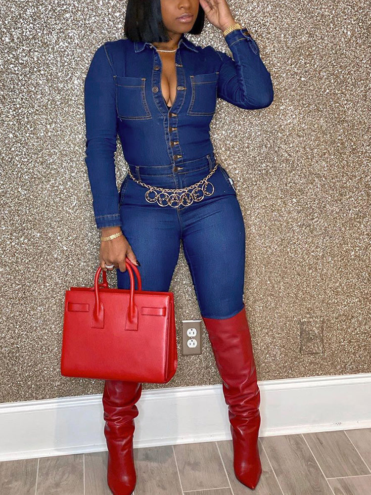 Button Skinny Denim Jumpsuit Blue / S