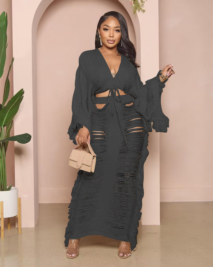Casual Knit Tie-Front Long-Sleeve Dress Set