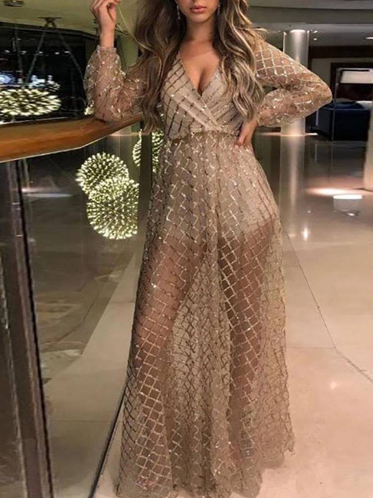 Sequin Mesh V Neck Maxi Dress Golden / M