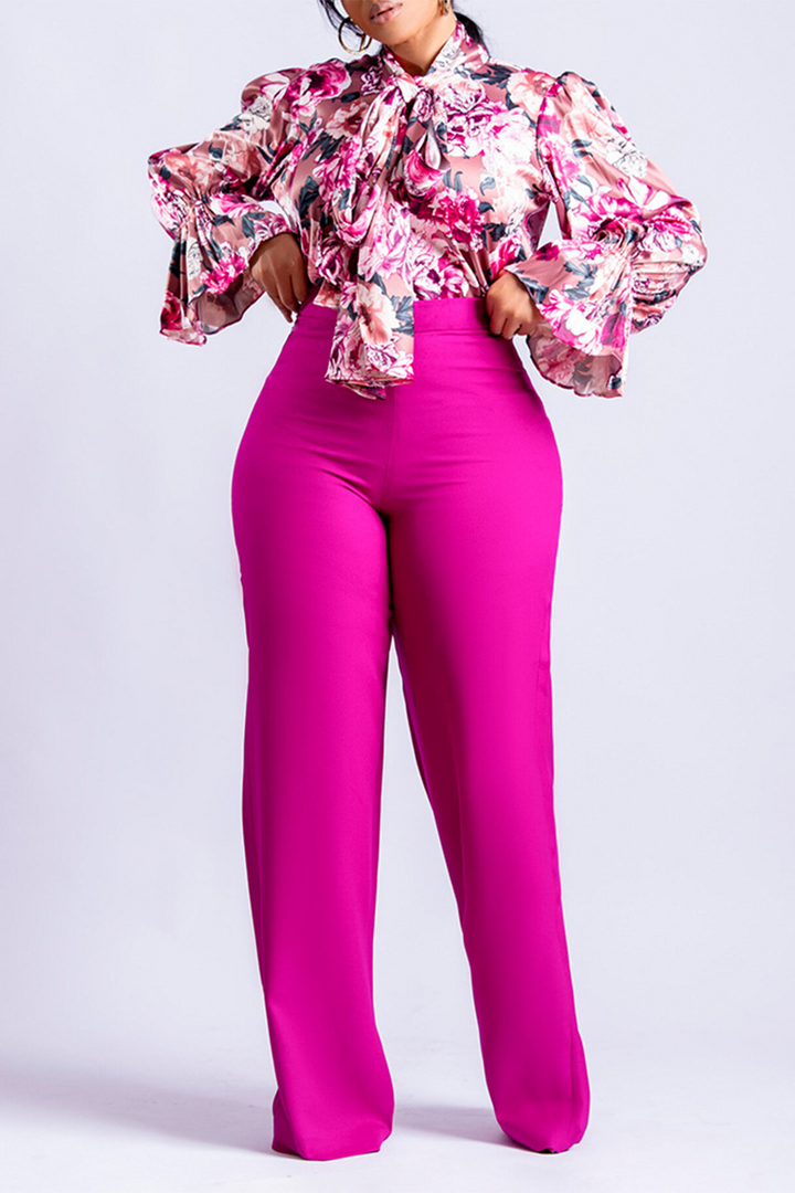 Casual Printed Long Sleeve Shirt Wide Leg Pants Sets