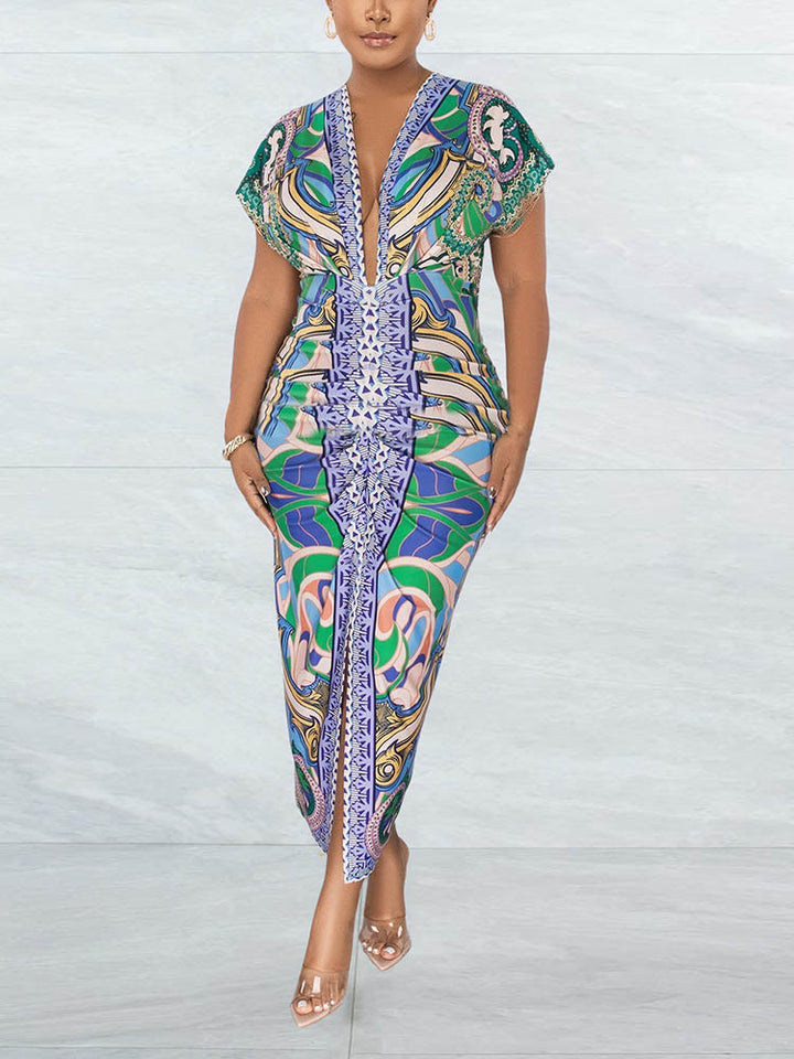Print Ruched Slit Vacation Dress Purple / XL