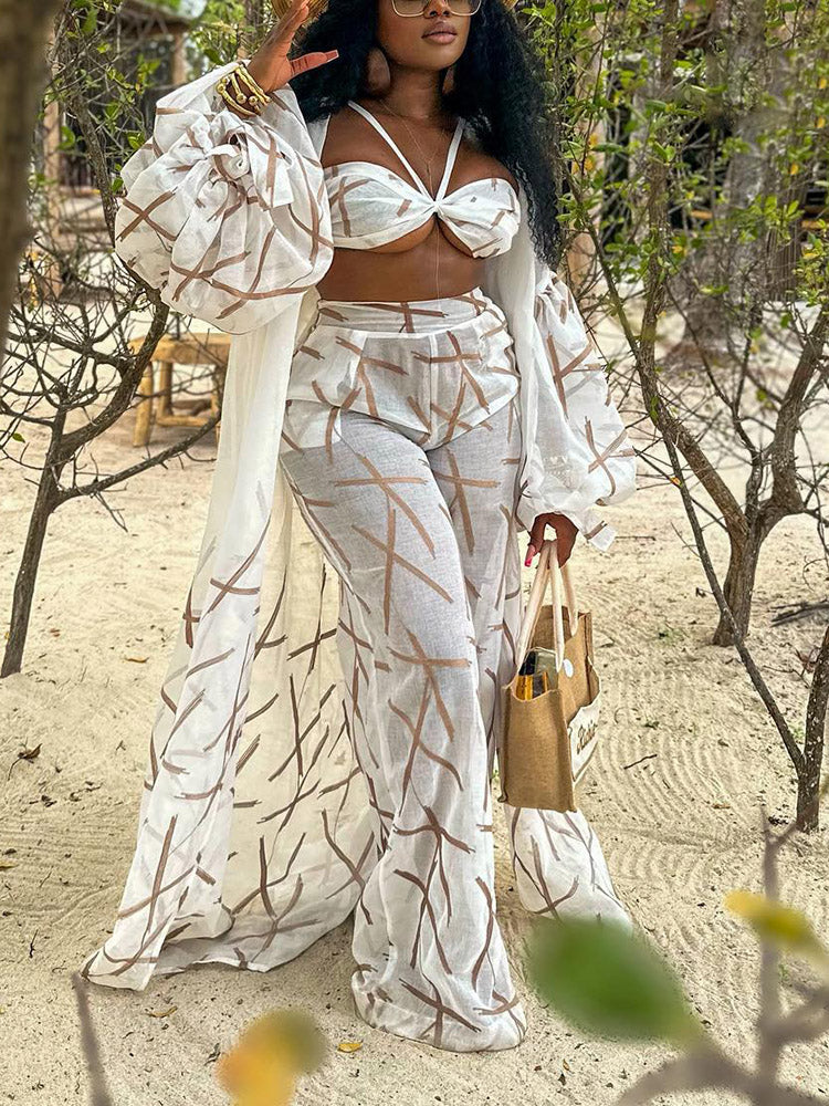 Vacation Sheer Three-Piece Set Beige / S