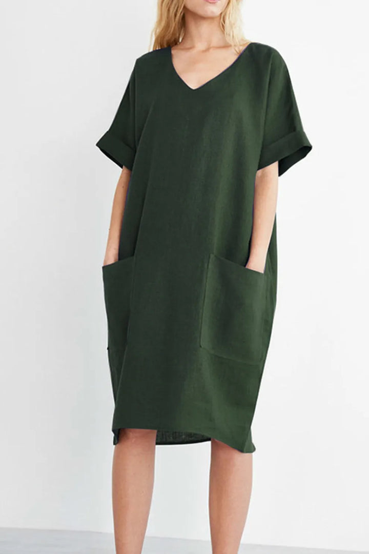 V Neck Short Sleeve Pocketed Cotton Dress
