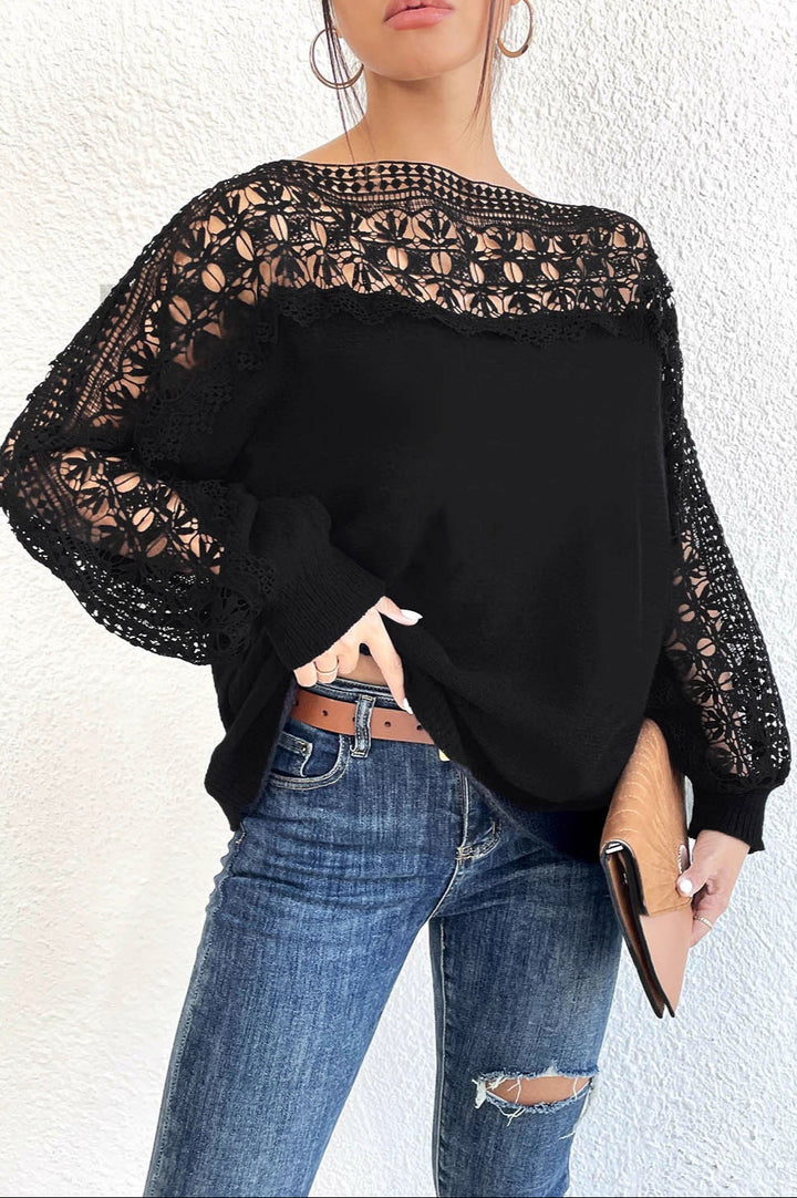 Lace Patchwork One-Shoulder French Sweater