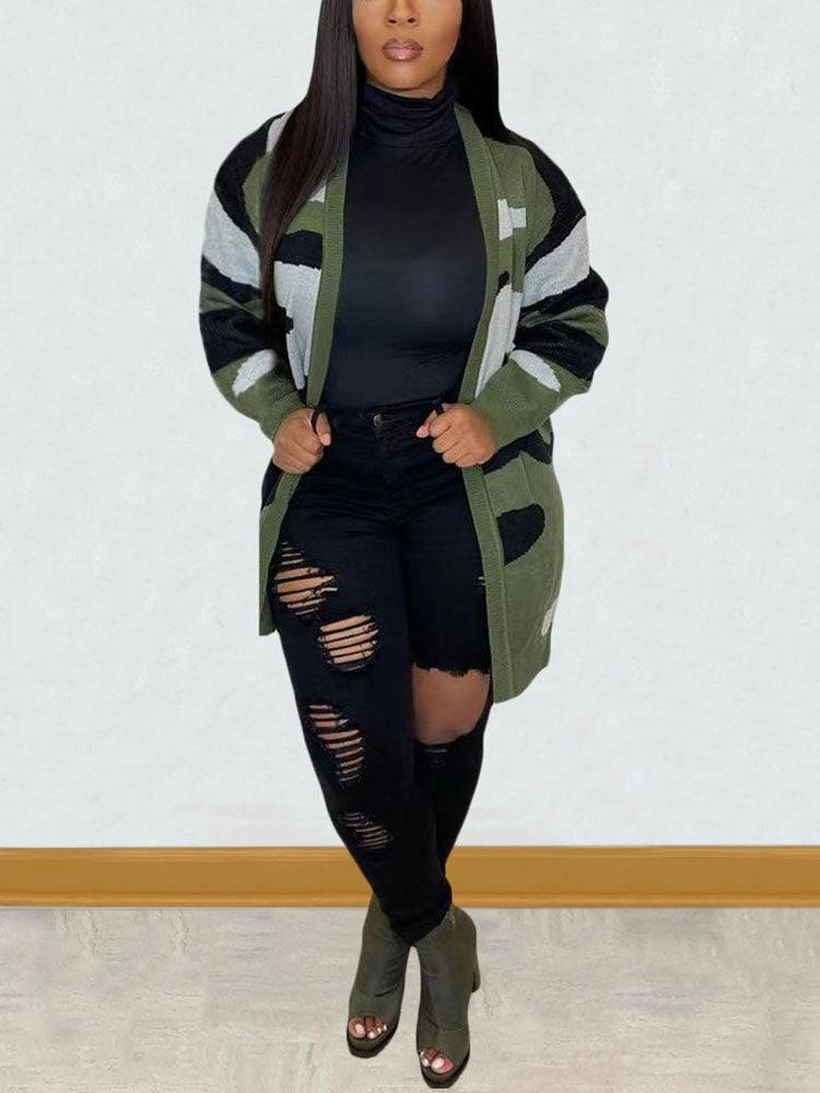Camouflage Print Sweater Cardigan Green / 2XL