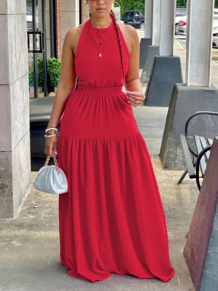 Halter Backless Maxi Dress Red / S
