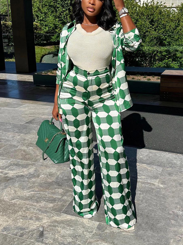 Geometric Pattern Shirt & Pants Set Green / S