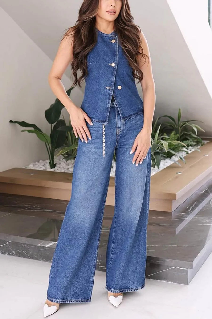 Denim Tank Top Wide Leg Jeans Sets