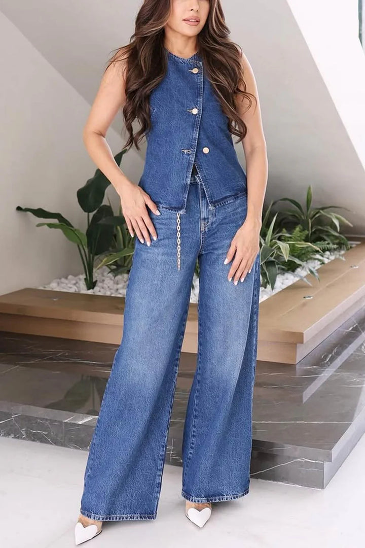Denim Tank Top Wide Leg Jeans Sets