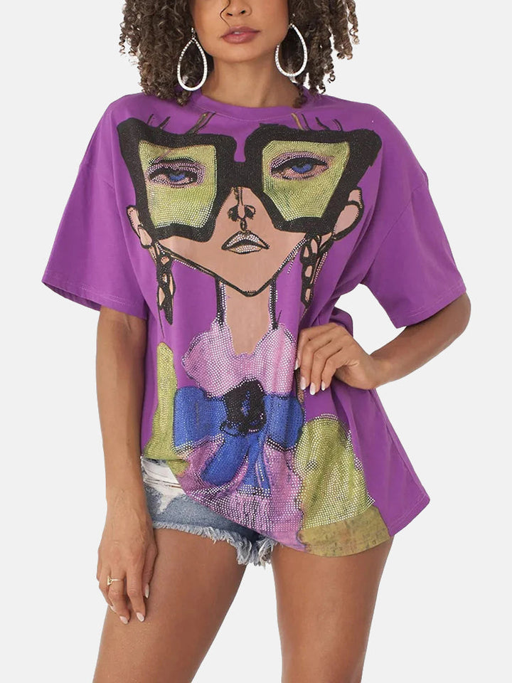 Rhinestones Embellished Casual Tee Purple / S