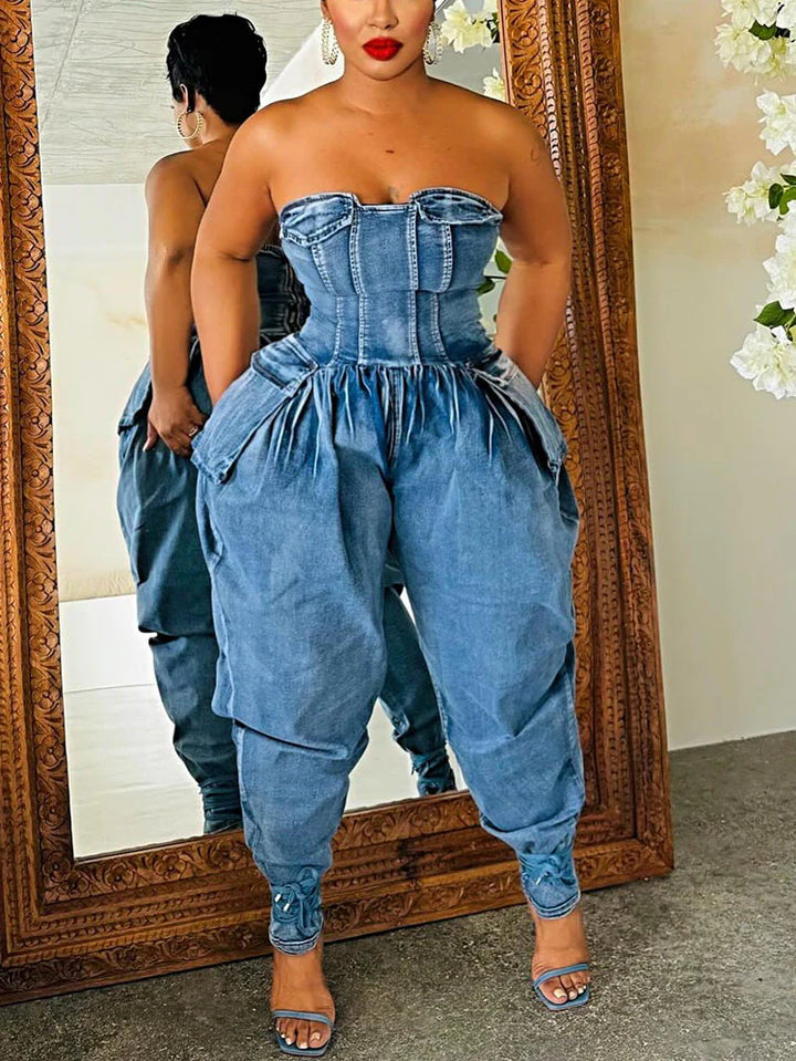 Strapless Ruched Denim Jumpsuit