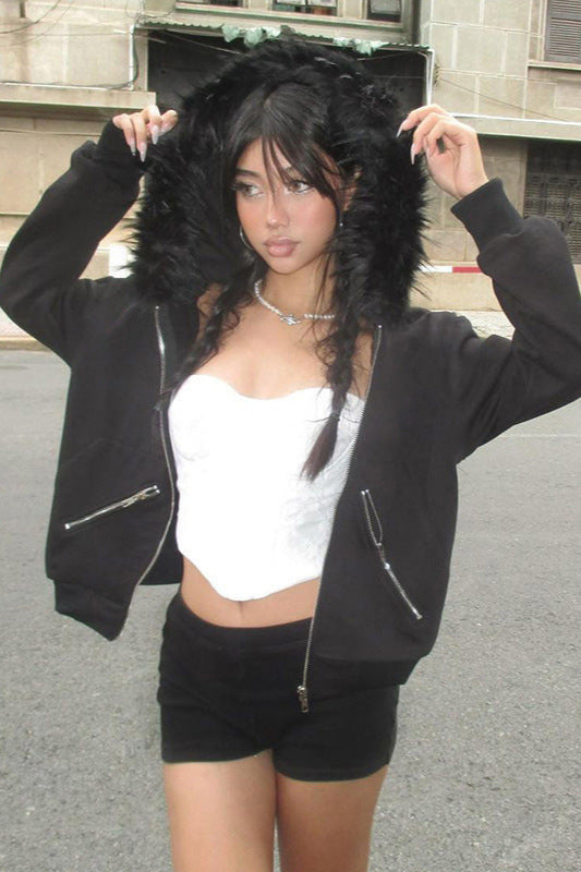 Zipper Split Print Plush Hoodie Black