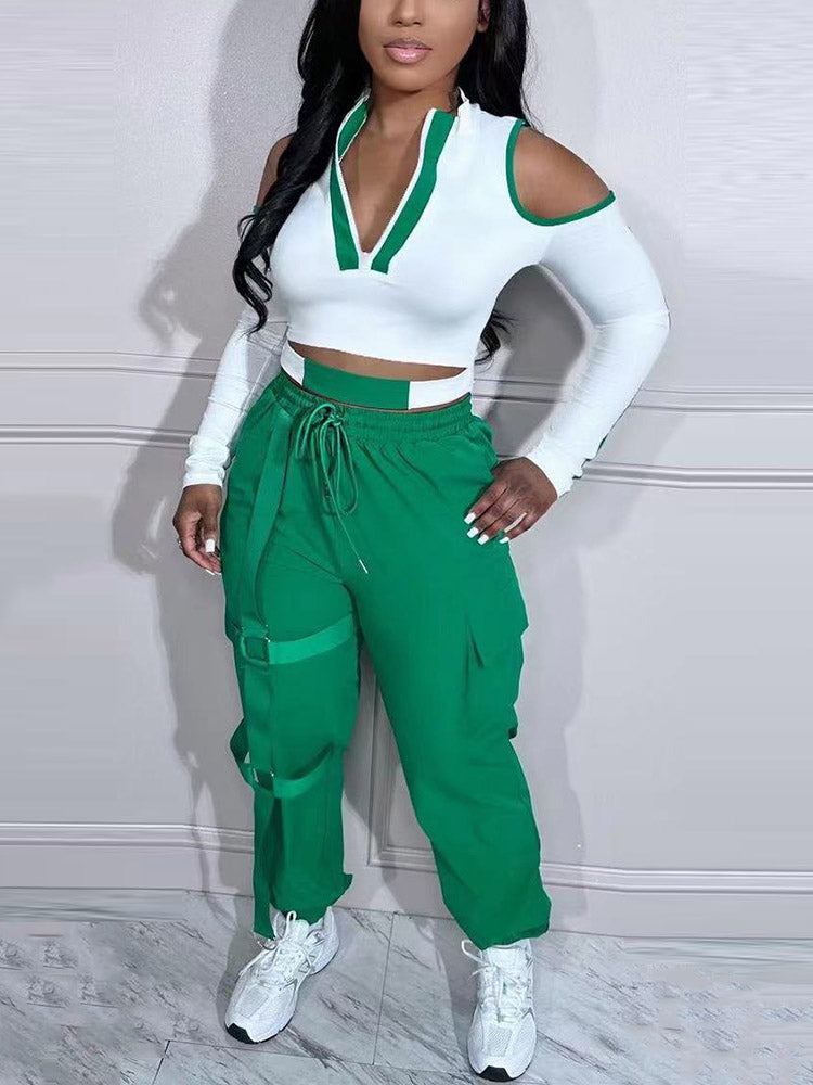 Casual Contrast Jogger Set Green / S