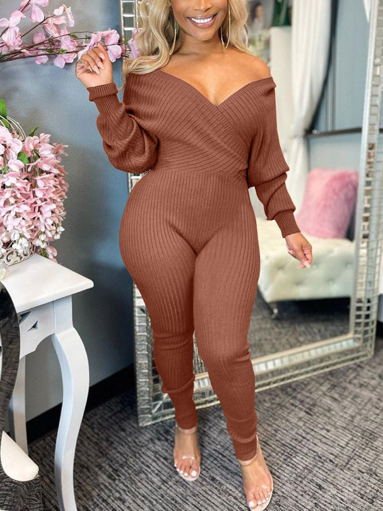Off Shoulder Ribbed Jumpsuit Coffee / S