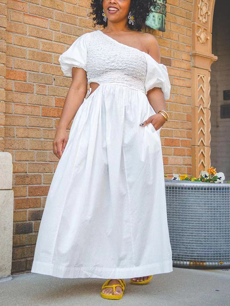 Puff Sleeves Cut-out Waist Dress White / S