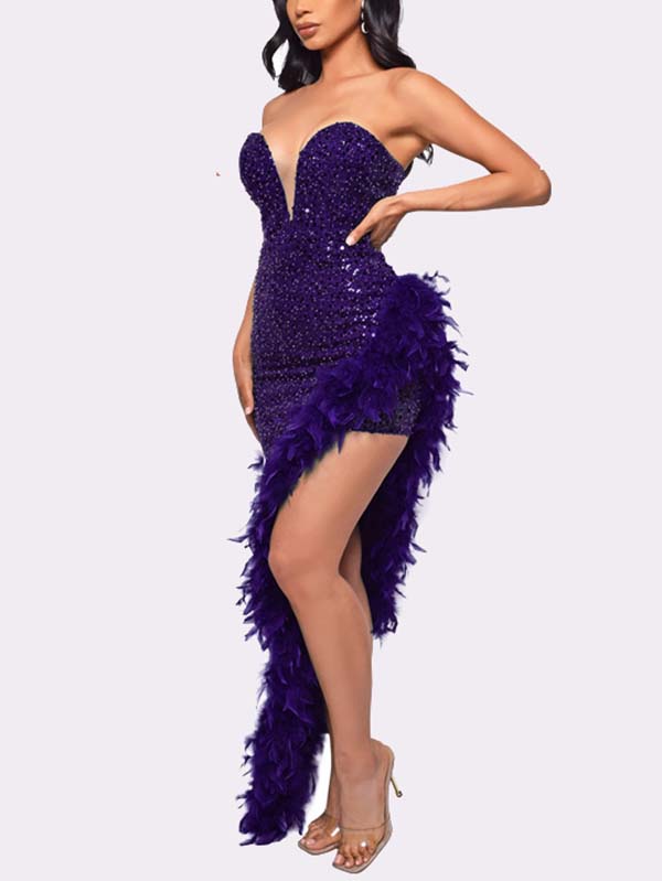 Sequin Feather Trimmed Dress Blue / L