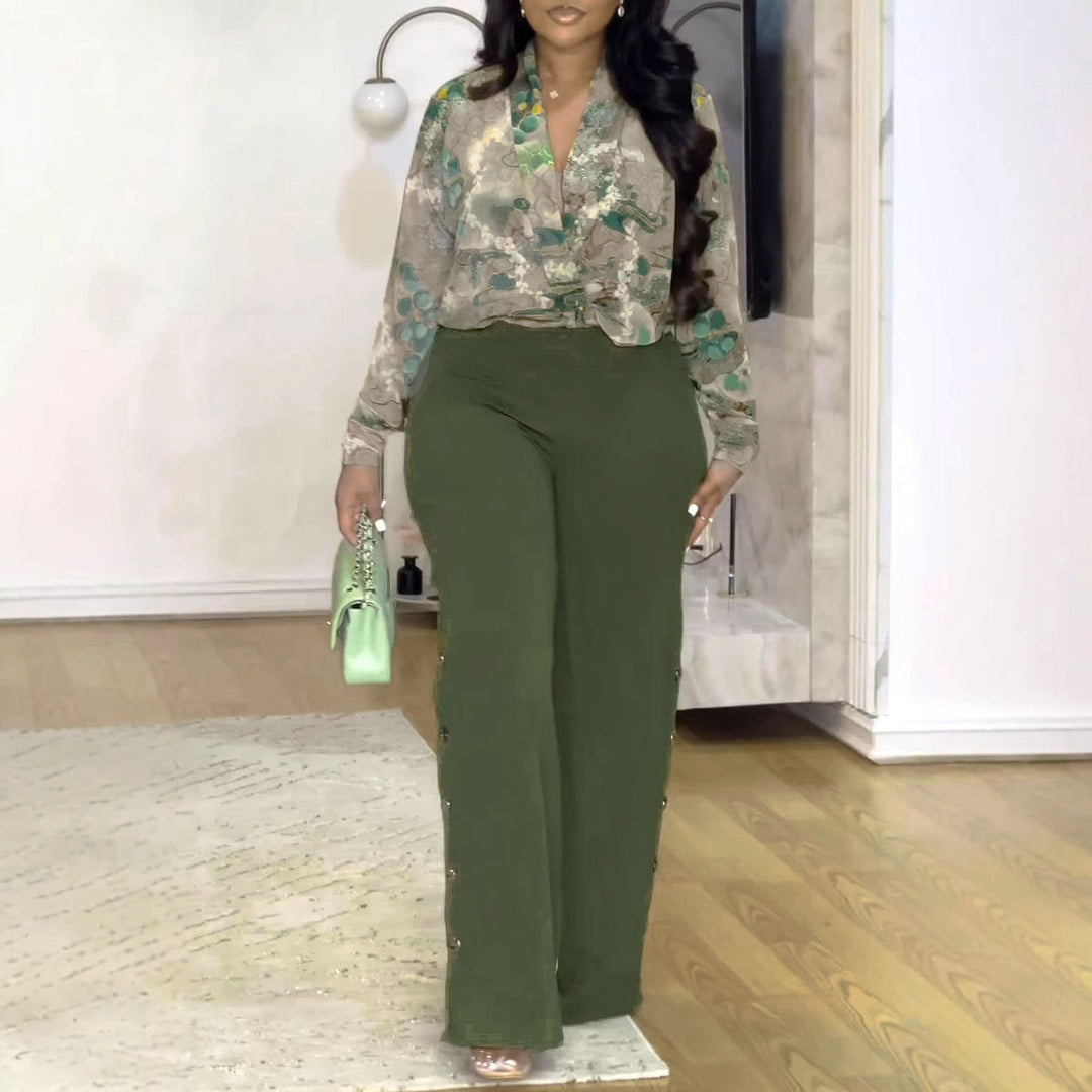 Vintage Printed V-Neck Shirt Wide Leg Pants Set