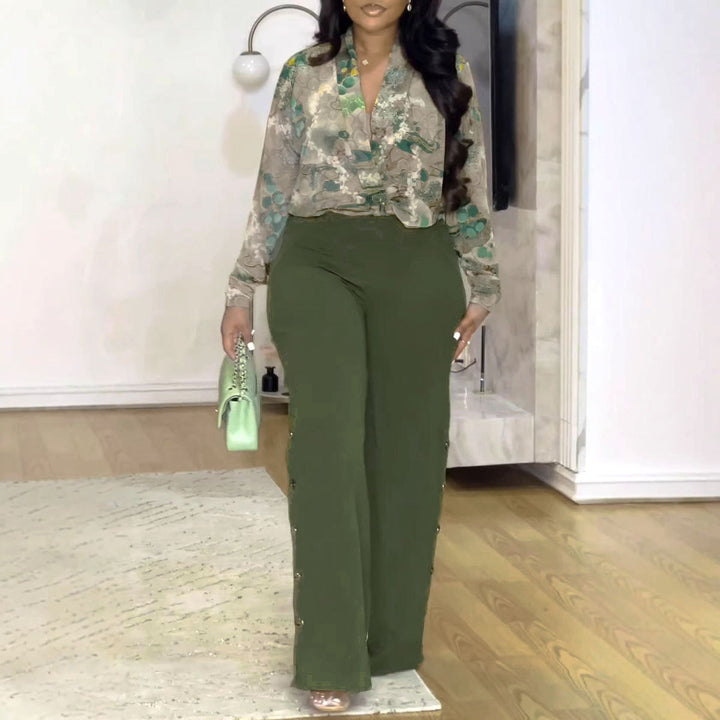 Vintage Printed V-Neck Shirt Wide Leg Pants Set