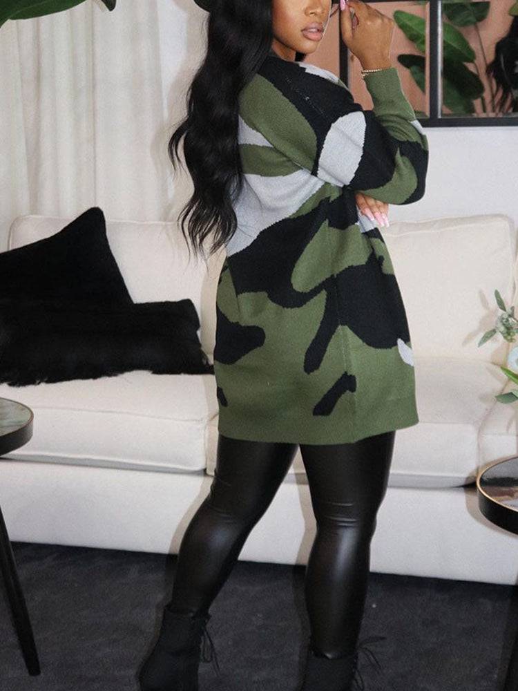 Camouflage Print Sweater Cardigan Green / L