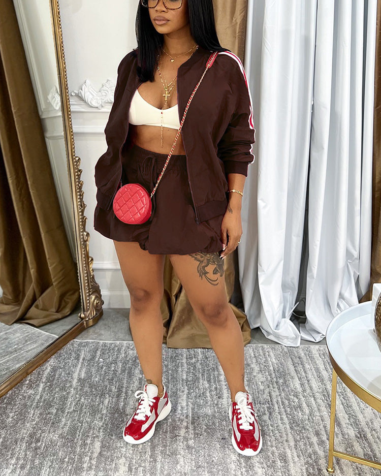 Sporty Jacket & Bubble Skirt Set Brown / XL