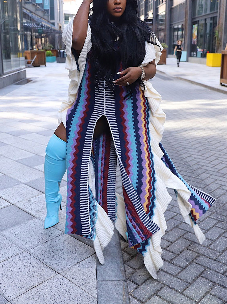 Ruffle Slit Knit Dress Blue / L