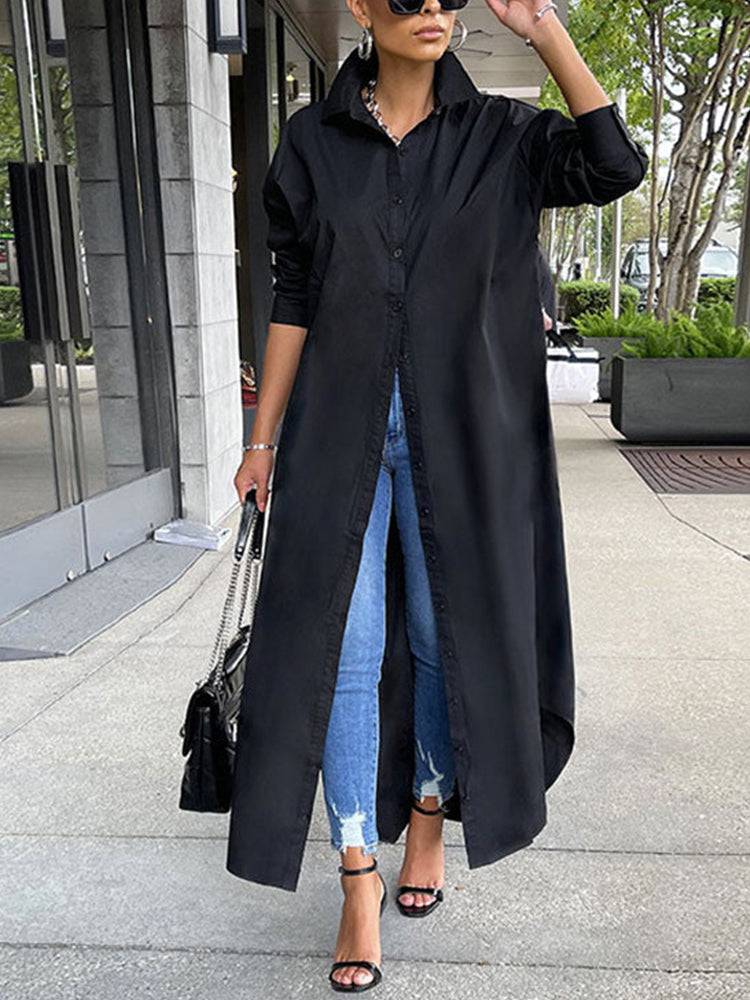 Solid Button Split Shirt Dress Black / S
