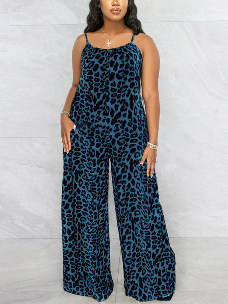 Leopard Spaghetti Strap Jumpsuit Khaki / 3XL
