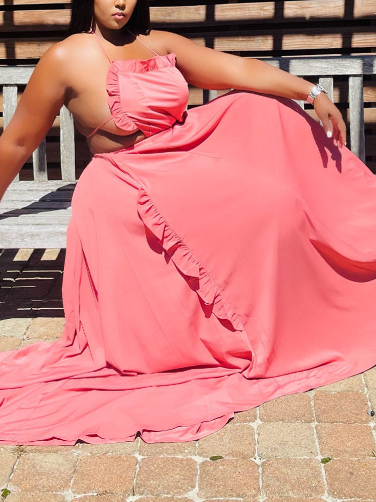 Ruffle Halter Backless Maxi Dress Yellow / S