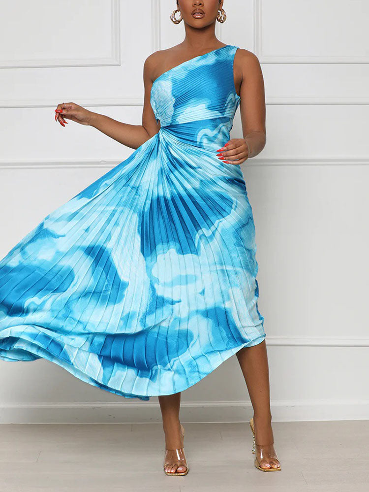 One Shoulder Pleated Dress Lake Blue / S