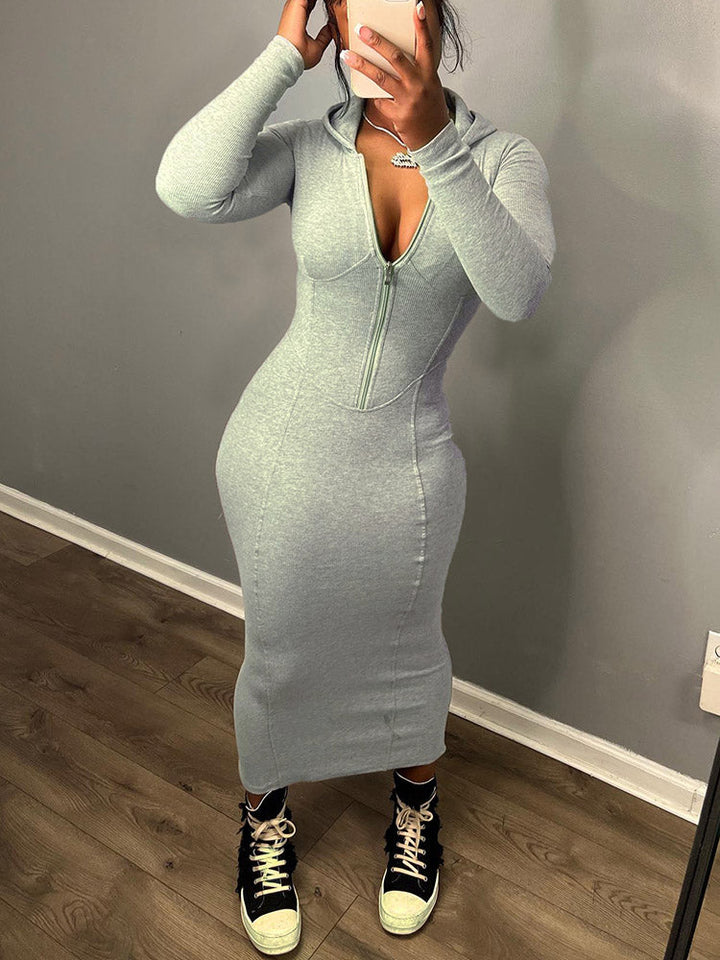 Hoodie Zip Bodycon Dress Gray / S