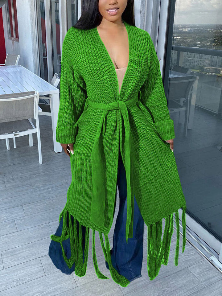 Knit Tassels With Belt Cardigan Green / L
