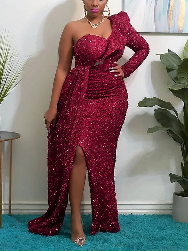 Sequin One Shoulder Slit Ruffle Prom Dresses Burgundy / S