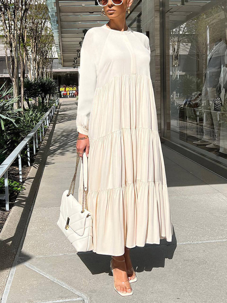 Solid Color Long Sleeve Ruffle Dress Apricot / S