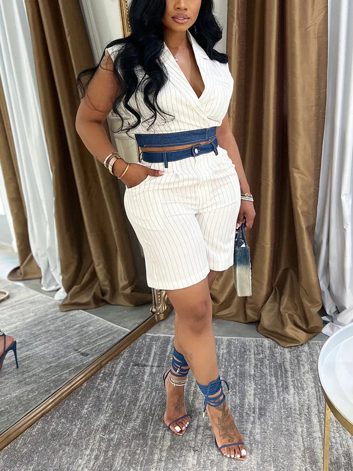 Stripe Sleeveless Blazer & Shorts Set