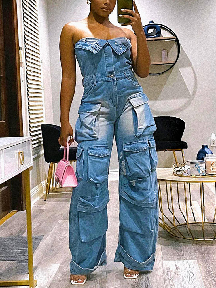 Denim Strapless Cargo Jumpsuit Black Gray / M