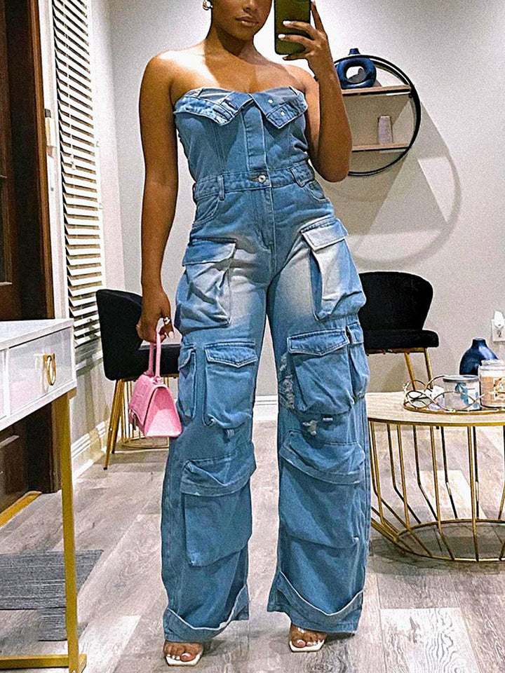 Denim Strapless Cargo Jumpsuit Black Gray / M