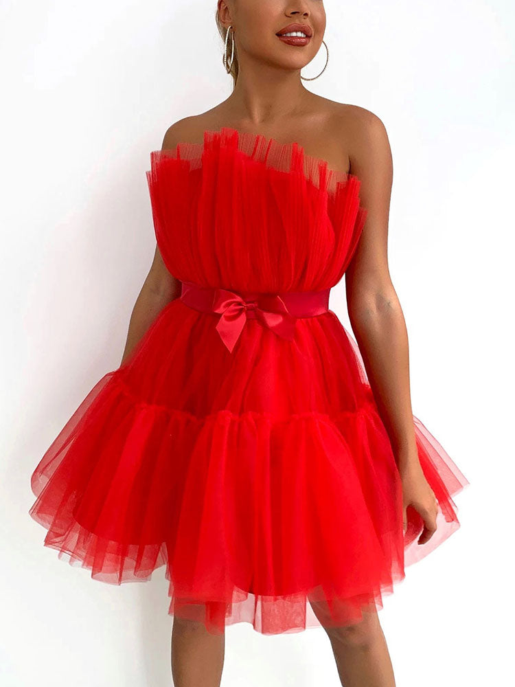 Bow Decor Layered Tulle Cocktail Dress Red / M