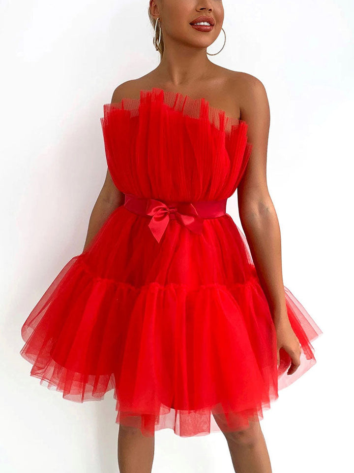 Bow Decor Layered Tulle Cocktail Dress Red / M