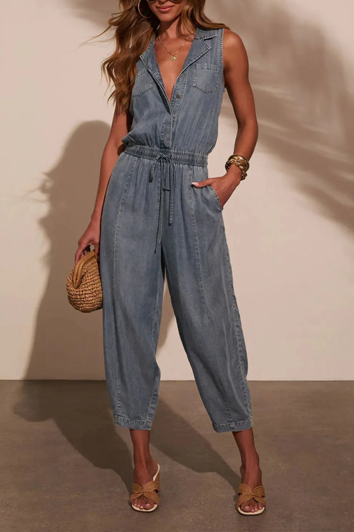 Lapel High Rise Sleeveless Denim Jumpsuits
