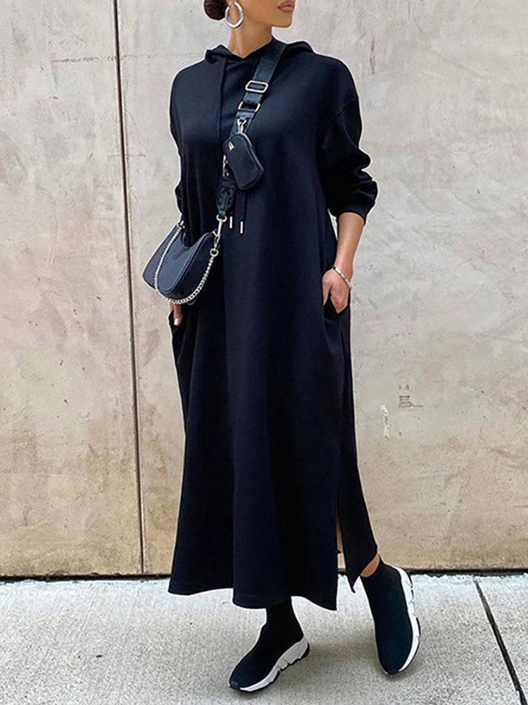 Slant Pockets Drawstring Hoodie Dress Black / M