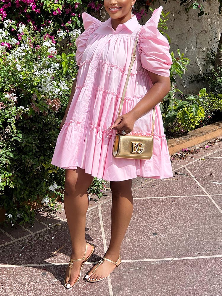 Puff Sleeve Ruffle Shirt Dress Pink / XL