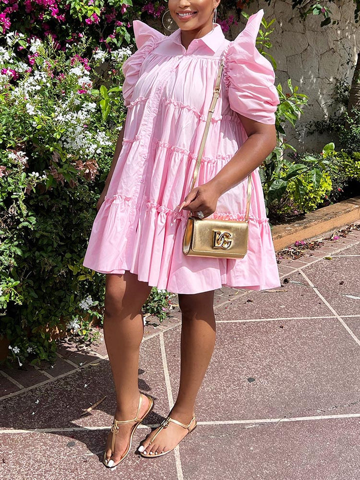 Puff Sleeve Ruffle Shirt Dress Pink / XL