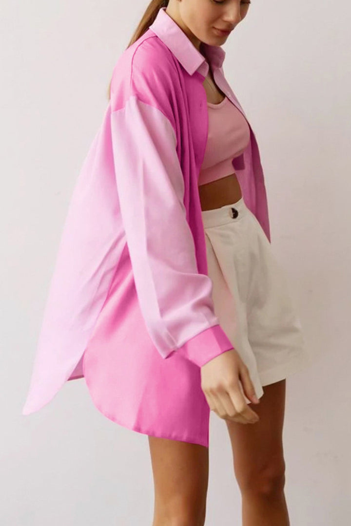 Pink Lapel Pocket Button-Up Long Sleeve Blouse Pink · S