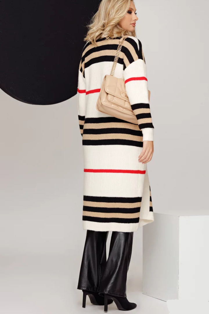 Contrast Striped Open Front Cardigan Beige · L