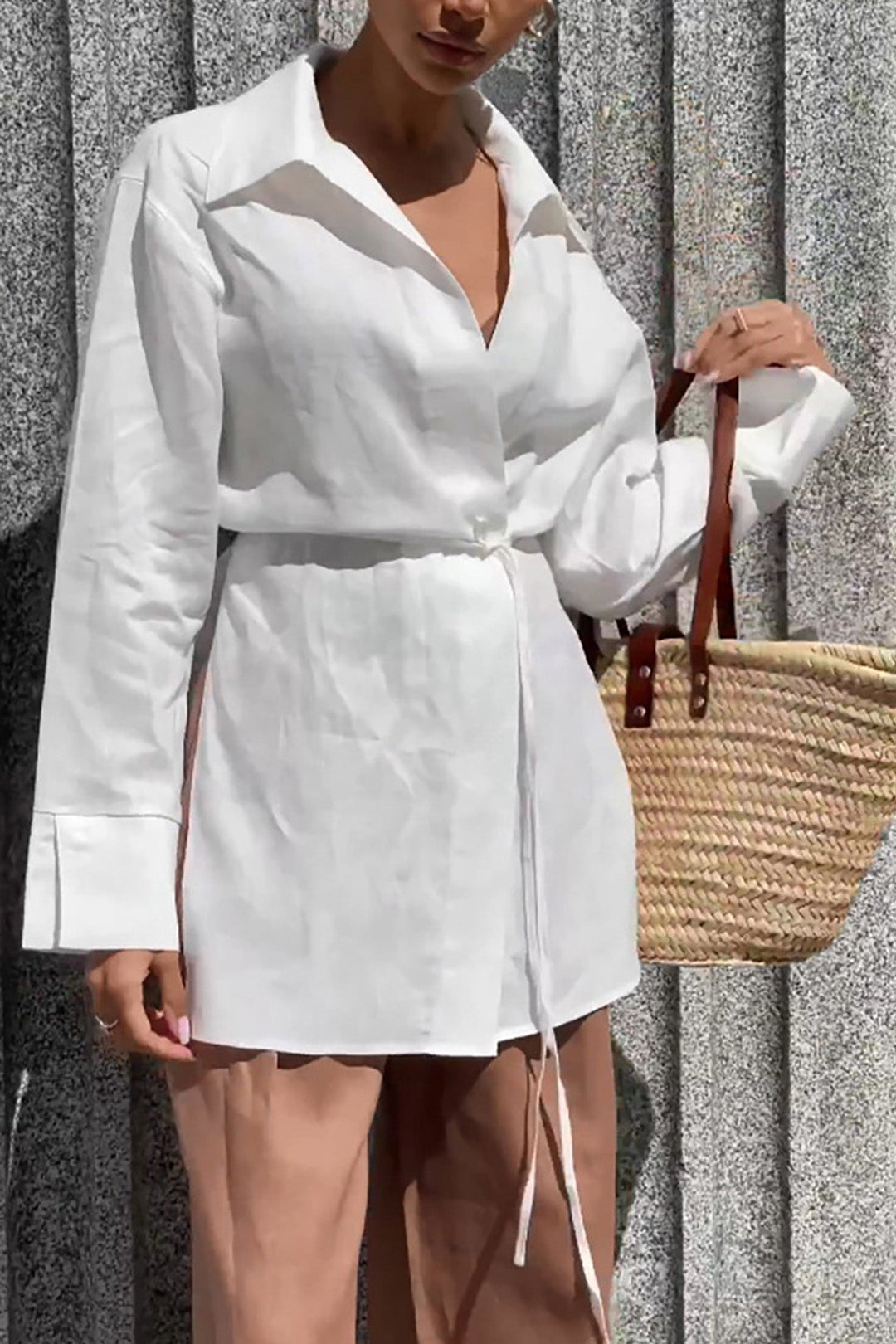 White Cotton Lapel Lace Up Slit Long Sleeve Blouse White · S