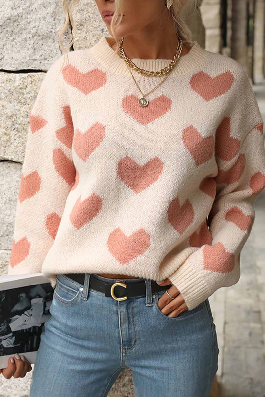 Heart Printed Crew Neck Knitted Sweater Pink · S